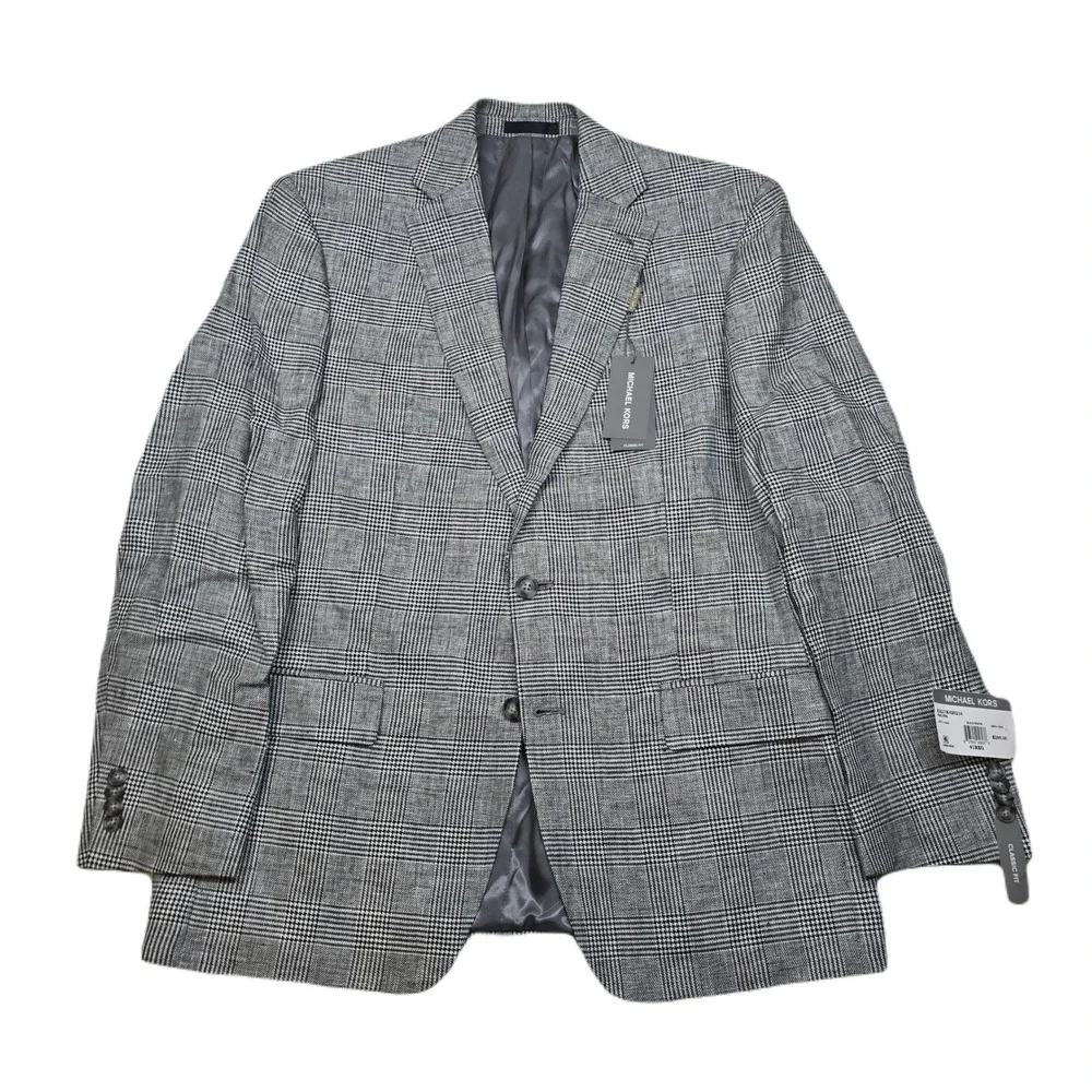 Michael Kors Linen Sport Coat Mens 41R Large Black White Plaid Classic Fit NEW